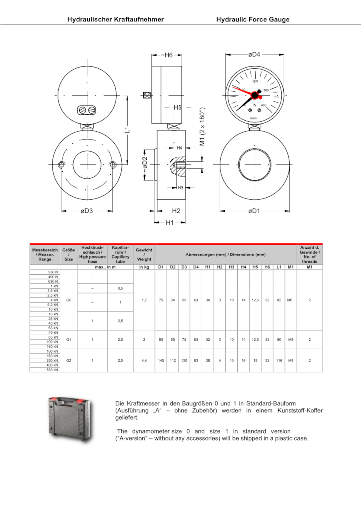 Kraftmessdosen für Druckkraftmessung mit Schleppzeiger, inklusive Kalibrierschein 0,63/0,01kN Ø75mm