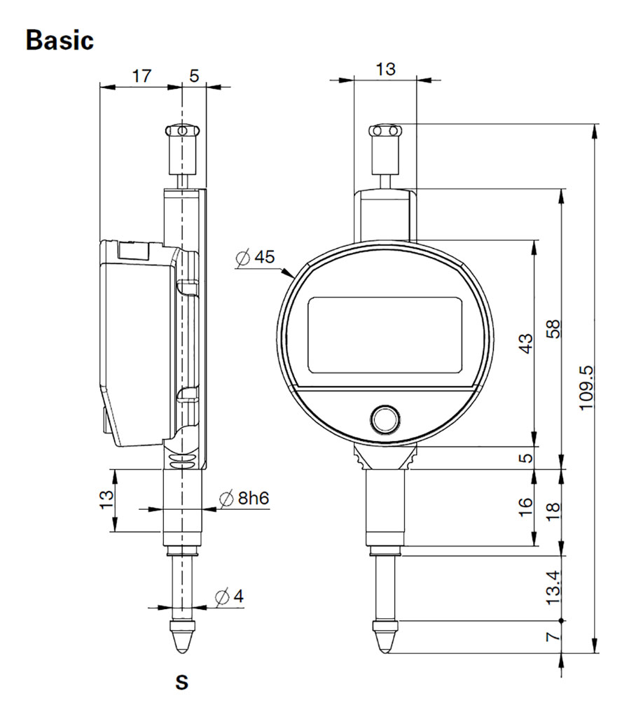 Digital-Kleinmessuhren S_Dial MINI S Basic USB / RS232 12,5/0,001mm Ø45mm IP54, 805.4521