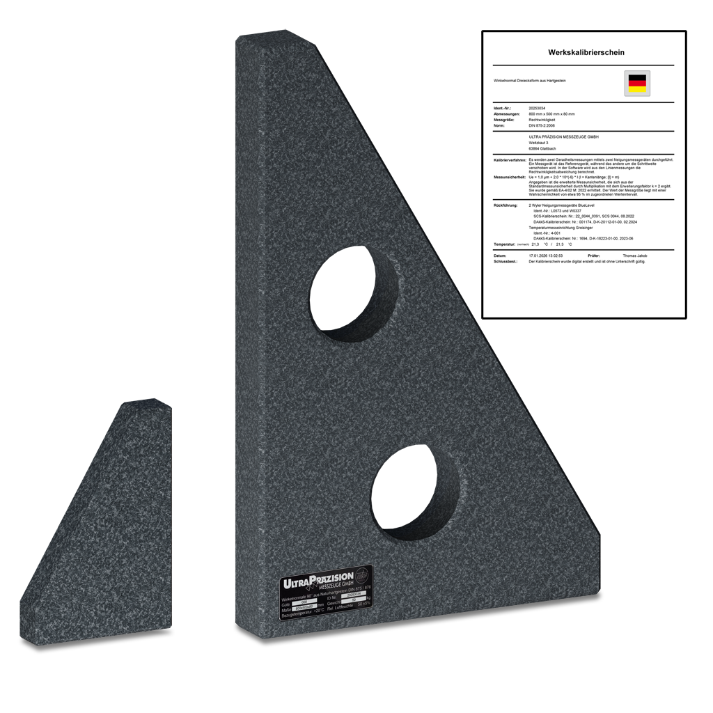 Winkelnormale 90° Dreieckform, aus Naturhartgestein DIN 875 / 876 - Güte 000, inkl Kalibrierschein u. Verpackung 200x150x50mm