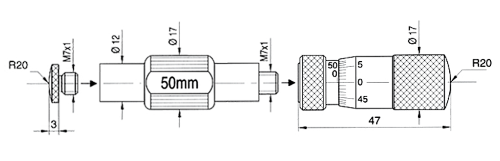 Innenmessschrauben Grundkörper ohne Etui ballige Hartmetallmessflächen Ø 12/17mm, Steigung 0,5mm 50-100/0,01mm