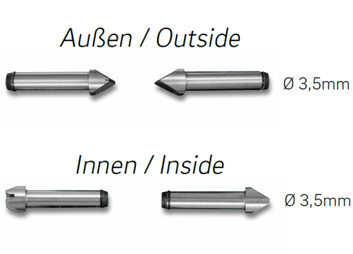 Thread inserts for outside or internal measurements, pair Ø 3,5mm, for DEMM comp. meas. instruments &  snap gauges