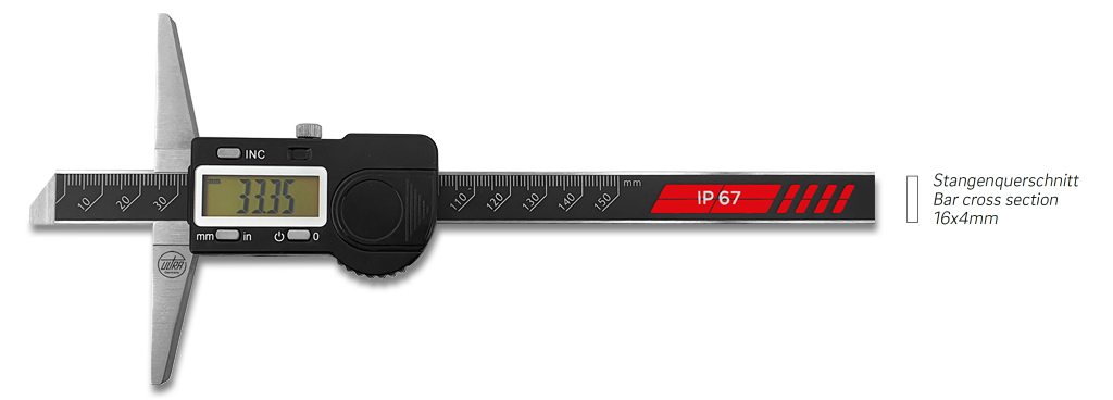 Digital depth calipers ULTRA active inox in box with bevelled point 150x100/0,01mm IP67