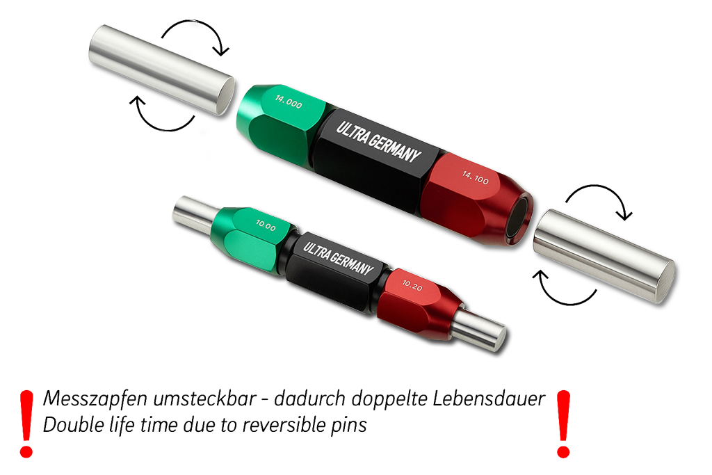 Limit Plug Gauges T/C, aluminium handle green/red length 20mm / chamfer 0.1x45° / +1µ / -1µ Ø 3,000-3,999/0,001mm