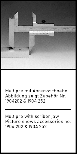Messschieber MULTIPRE inox matt im Etui mit Spitzen, mit höhenverstellbarem Schnabel 500x150-1/20mm
