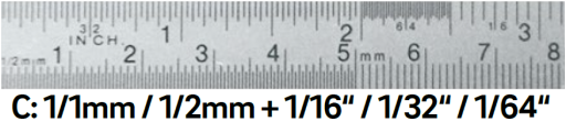 Maßstäbe biegsam Federbandstahl rostfrei Teilung C:1/1mm+1/2mm+1/16"+1/32"+1/64" 500/18x0,5mm
