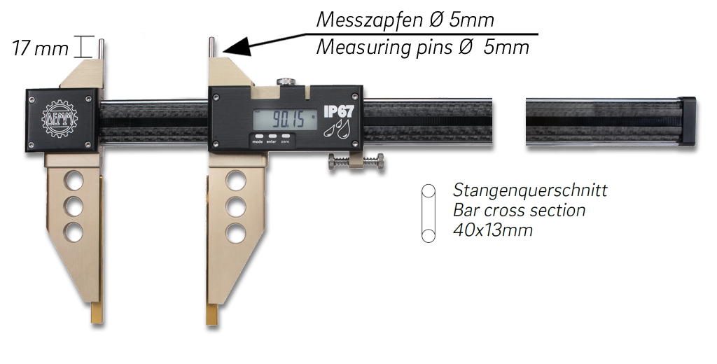 Digital-Messschieber ARGO BD CARBON im Etui mit zylindrischen Messzapfen, ohne Feineinstellung 1500x200/0,01mm IP67