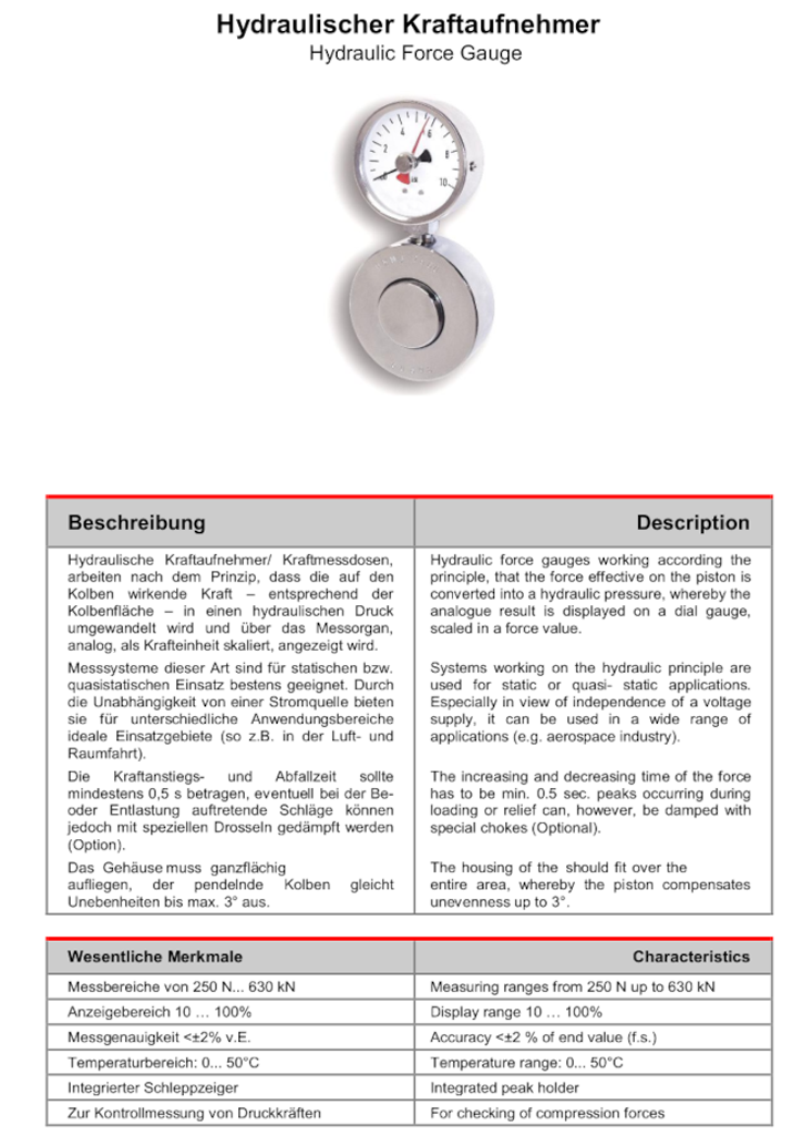 Kraftmessdosen für Druckkraftmessung mit Schleppzeiger, inklusive Kalibrierschein 2,5/0,1kN Ø75mm