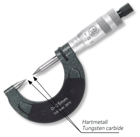 External micrometers in box with pointed measuring ends Tungsten carbide 30° / R 0,4mm, pitch 0,5mm External micrometers in box with pointed measuring ends Tungsten carbide 30° / R 0,4mm, pitch 0,5mm