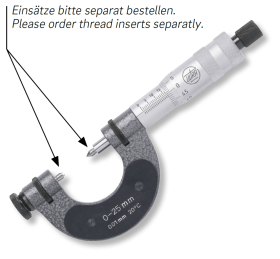 External micrometers in box for thread measurement with mounting hole for inserts Ø 4mm, pitch 0,5mm External micrometers in box for thread measurement with mounting hole for inserts Ø 4mm, pitch 0,5mm