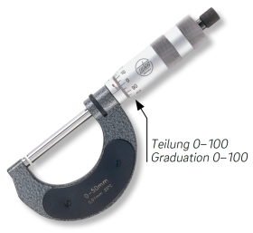 External micrometers in box with spindle adjustment 50mm Tungsten carbide measuring faces, pitch 1,0mm External micrometers in box with spindle adjustment 50mm Tungsten carbide measuring faces, pitch 1,0mm
